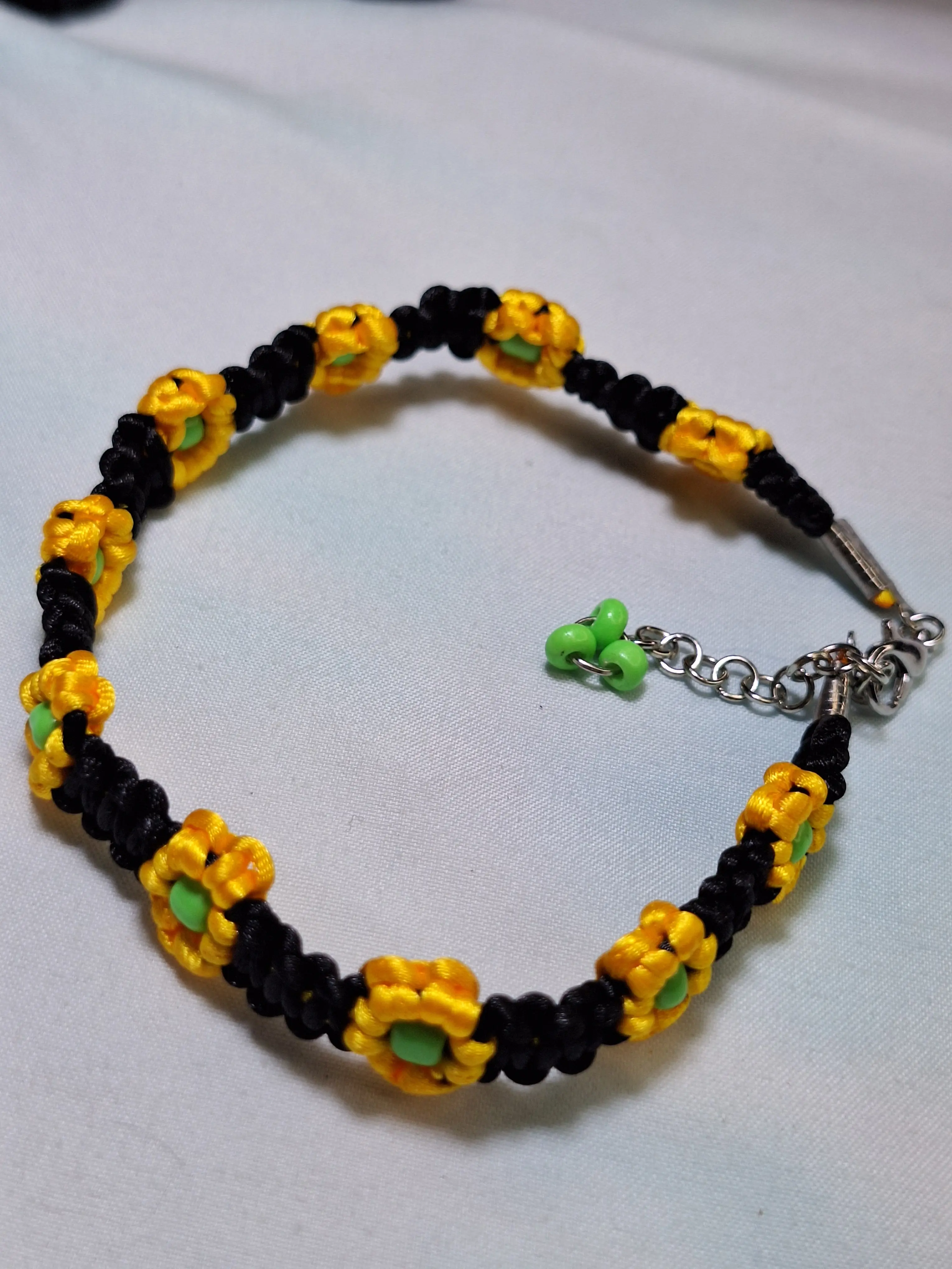 Handmade Black Yellow Sunflower Anklet - Paracord with Green Beads