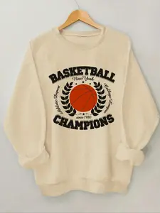 Women's Letter & Basketball Print Drop Shoulder Sweatshirt, Casual Long Sleeve Round Neck Pullover for Spring & Fall, Ladies Clothes for Daily Wear