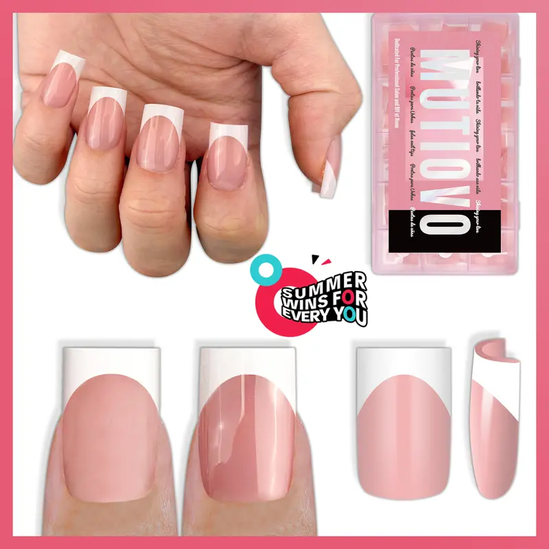 MUTIOVO Gel Press On Nails, Short Straight Square White French Tip-Baby Pink Full Cover Fake Nails, Extra Thick Soft Extensions for DIY/Salon, 15 Sizes 150 Pcs (Requires Builder Gel & Top Coat)
