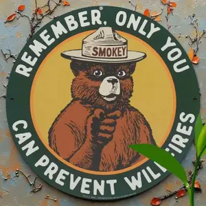 Smokey Bear Aluminum Sign - Vintage Wildfire Prevention Round Wall Art