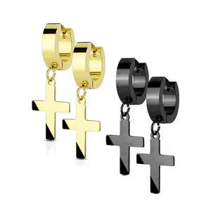 Stainless Steel Hinged Hoop Earring 18 Gauge With Cross Dangle - Pair fashionable dangle