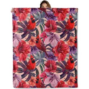 Vivid Cardinal Blanket for Home Decoration, Red Bird and Colorful Flower Design, Girls Women Gifts, 50"x60", Soft Fleece, Lightweight and Breathable, Ideal for Sofa Bed Office Picnic Dorm