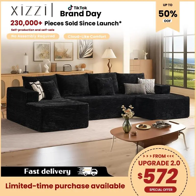 【Shipped in 2 or 3 packages】Popular No Assembly Needed 132'' U-Shape Oversized Cloud sofa Couch - Corduroy Modular Sectional Sofa with 6 Soft Pillows, Deep Seat Boneless Upholstered Couches for Living Room