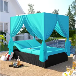 Outdoor Double Chaise Lounge Daybed with Curtains,Patio Outdoor Sunbed with Adjustable Backrest, Sturdy Steel Frame Loveseat Sofa for Backyard,Poolside, Terrace