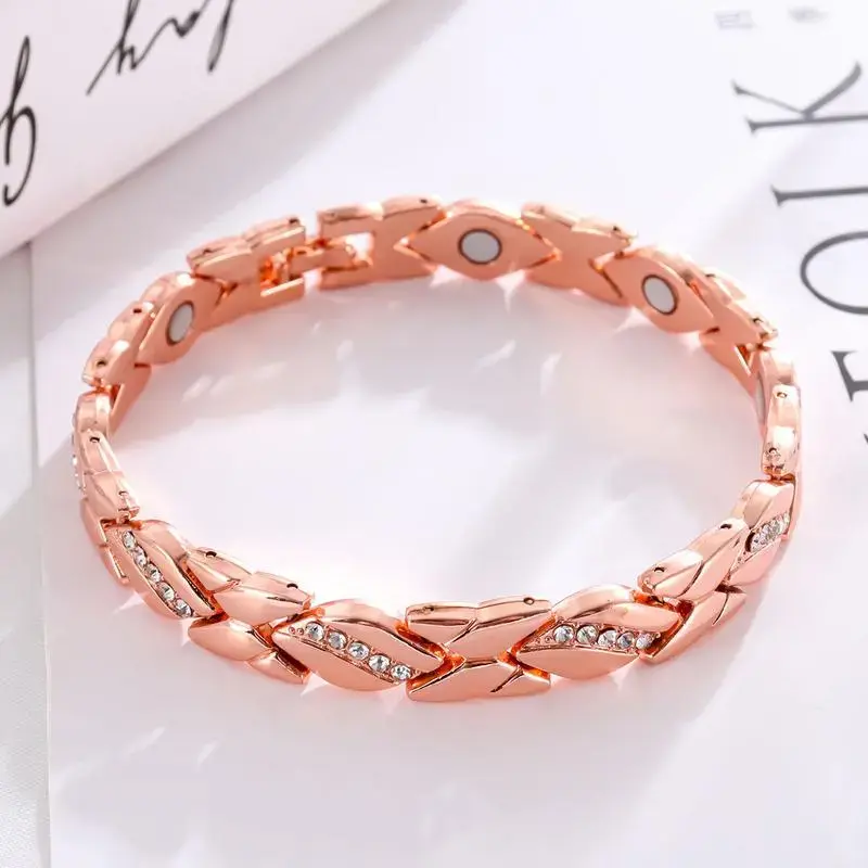 Stylish Leaf Pure Copper Magnet Bracelet for Women & Men, Adjustable Fashionable Jewelry with Crystal Accents & 3500 Gauss Magnets, Jewelry Bracelet, Fashionable Bracelet