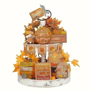 Thanksgiving Themed Wooden Ornament without Tray, 14pcs/set Pumpkin Maple Leaf Themed Desktop Decoration, Multipurpose Wooden Craft for Home Decor