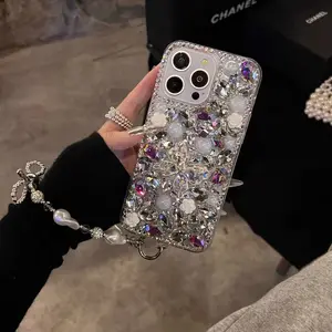 Iridescent Full Diamond Butterfly Protective Case For iPhone14/15/16 Series | Colorful Diamonds + Pearls + 3D Butterfly Decor | Chain Portable + Shockproof Scratch-Resistant | Party Outing Luxury Sparkling Eye-Catching Style