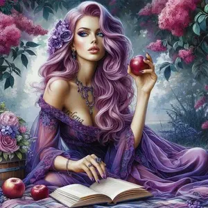 5D DIY Full Diamond Round Diamond Painting - Diamond Art Painting Kit, Purple Long Hair, Holding an Apple, Opening a Book. Mosaic, Canvas - DIY Decorative Painting, Home Wall Decor, Suitable for Halloween and Christmas, Birthday and Anniversary Gifts.