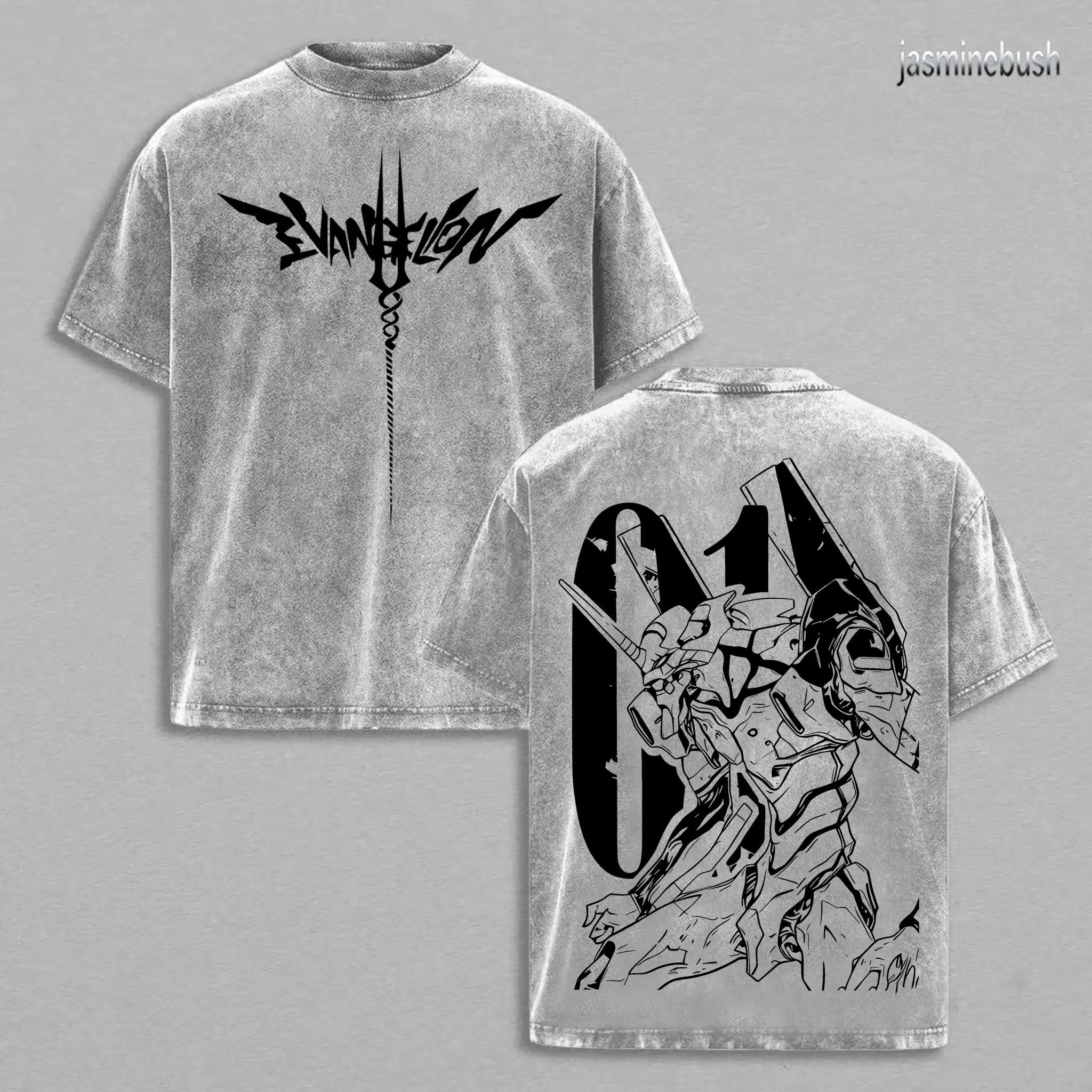 Unisex Retro Anime Graphic Oversize Tee - Menswear Casual 90s Mecha Streetwear, Vintage Acid Wash Short-Sleeve Round Neck Heavy Cotton Loose-Fit Top, Multi-Size