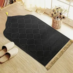 Soft Non-Slip Velvet Prayer Mat - Black with Gold Trim, Ideal for Prayer and Comfort