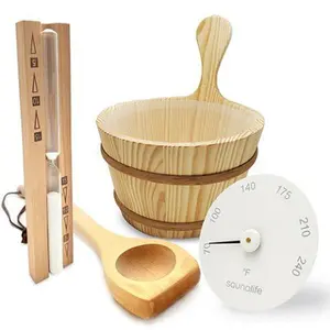 SaunaLife Accessory Package 3 Wooden 1-Gallon Sauna Bucket, Wood Ladle, Thermometer, Hygrometer, Black