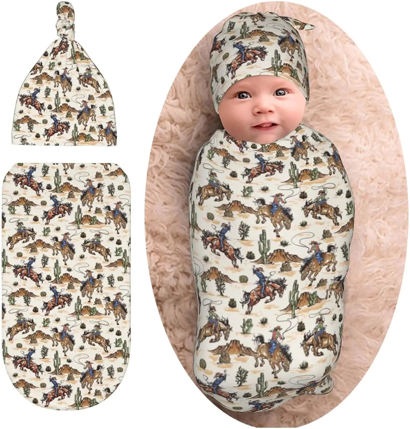 Western Cowboy Cactus Newborn Swaddle Blanket Baby Stuff Baby Swaddling Blanket with Beanie Set Soft for Unisex Girls Boys