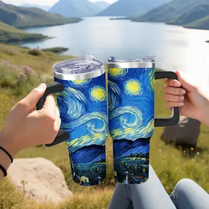 Stainless Steel Travel Mug with Handle - Blue and Yellow - Van Gogh Starry Night Art Print - Outdoor Camping, Hiking, Picnic, Everyday Use