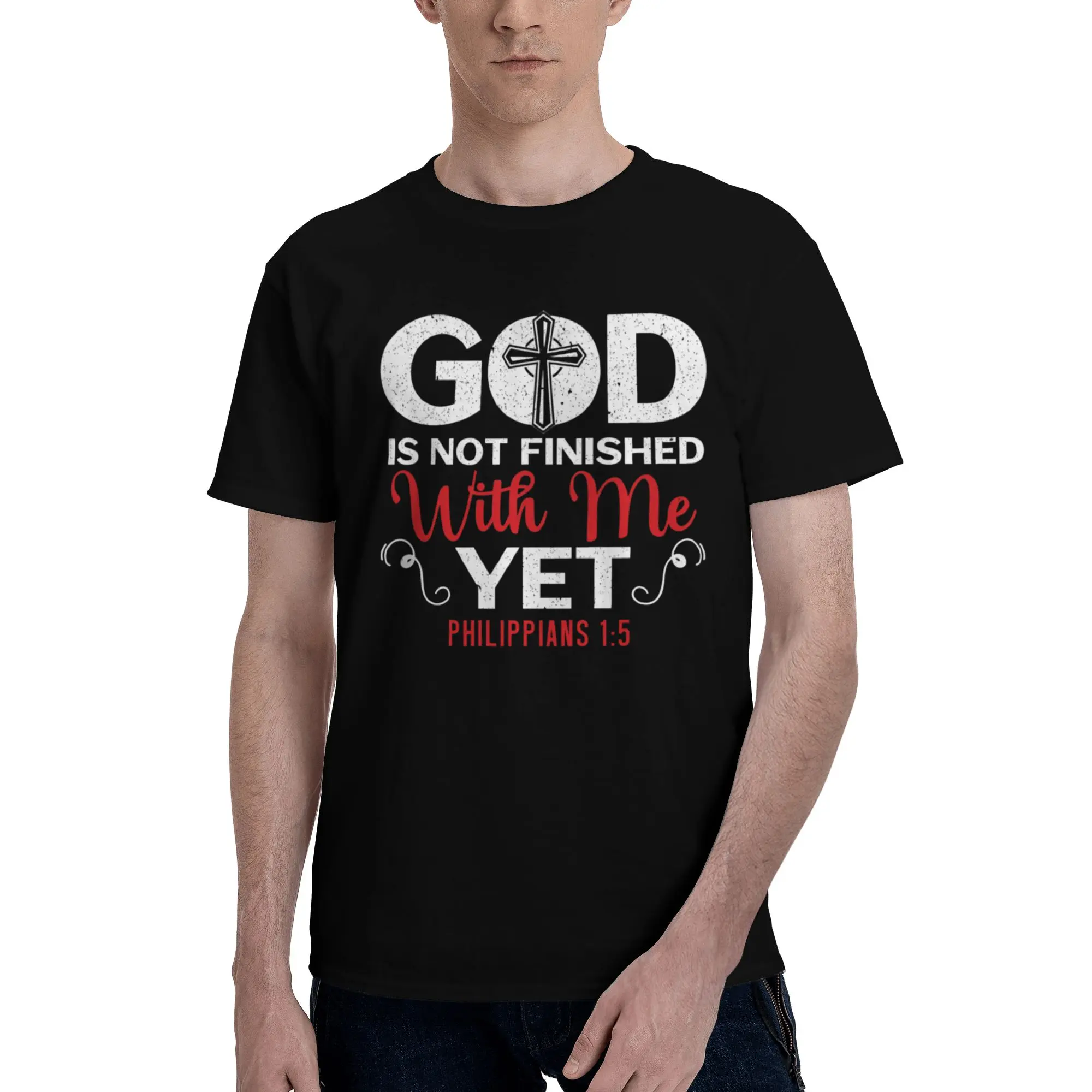 God Is Not Finished with Me Yet Philippians 1:5 Bible Verse Christian T-Shirt - Black with Red & White Lettering & Cross Design - Soft Breathable Relaxed Fit Unisex Tee for Church, Easter, Christmas Gifts