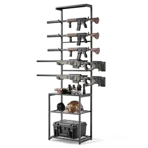 fathersdaygift VEVOR Gun Rack, Floor Standing, Indoor Rifle Shotgun Rack Stand with Storage Shelf, for Wall Mount Gun Display Stand, Holds up to 5 Rifles, Heavy Duty Steel, for Home Garage Hunting Long Guns Storage