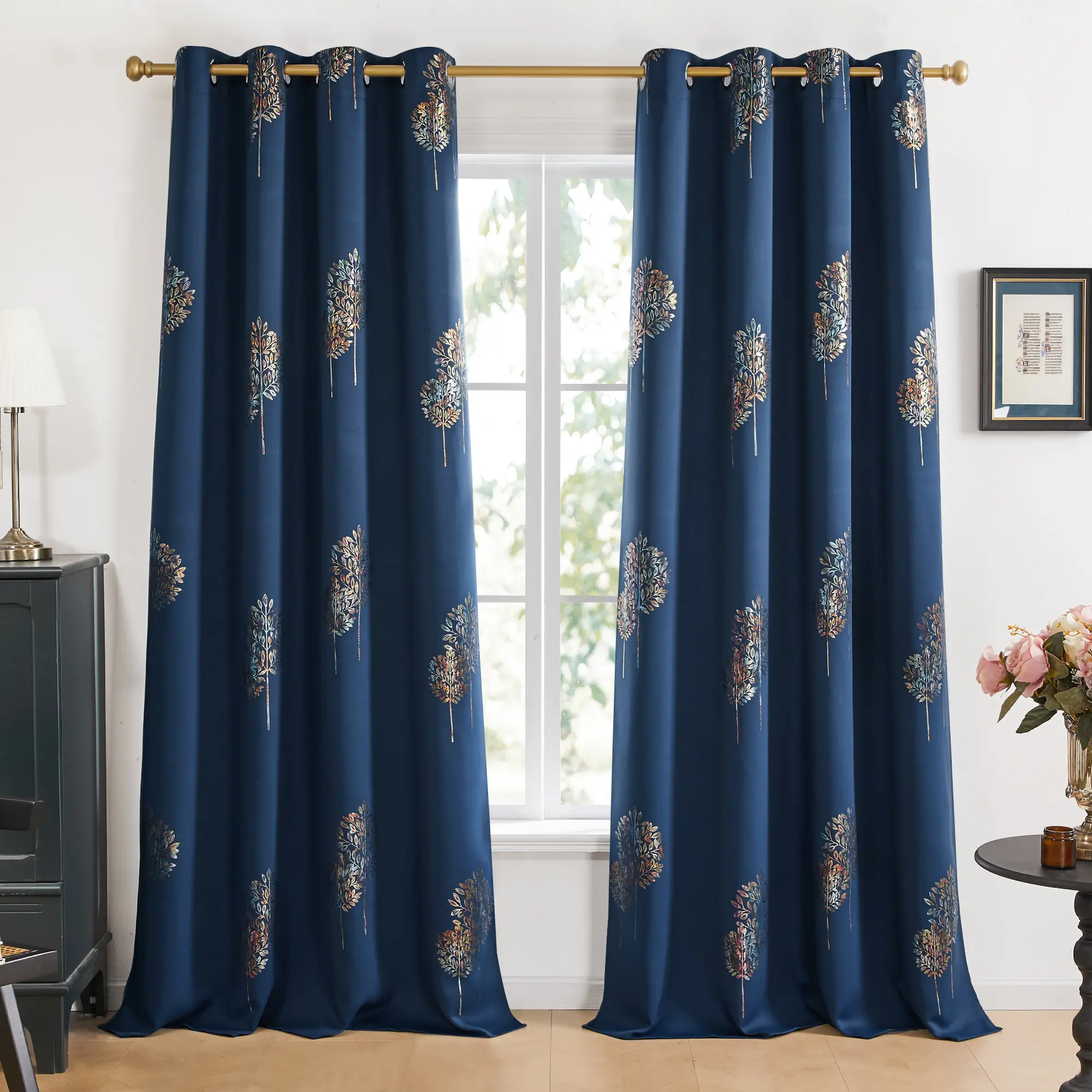 Deconovo Silver Tree Print Blackout Curtains - Thermal Insulated, Noise Reducing Privacy Window Drapes, Room Decor Curtain for Bedroom, Living Room