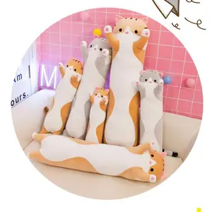 Cute Kawaii Cat Plush Long Body Pillow Soft Cartoon Stuffed Animal Kitten Doll 27.6 Inch Sleeping Throw Pillow Christmas Toy Gift for Kids Girls & Girlfriend Grey PP Cotton Machine Washable