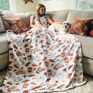 Fall Throw Blanket Soft Fleece: Flannel Cozy Blanket Lightweight Cozy Blanket Pumpkin Spice and Everything Nice with Books Wraps Coffees Lattes Pumpkins Pies Flannel Blankets Oversized