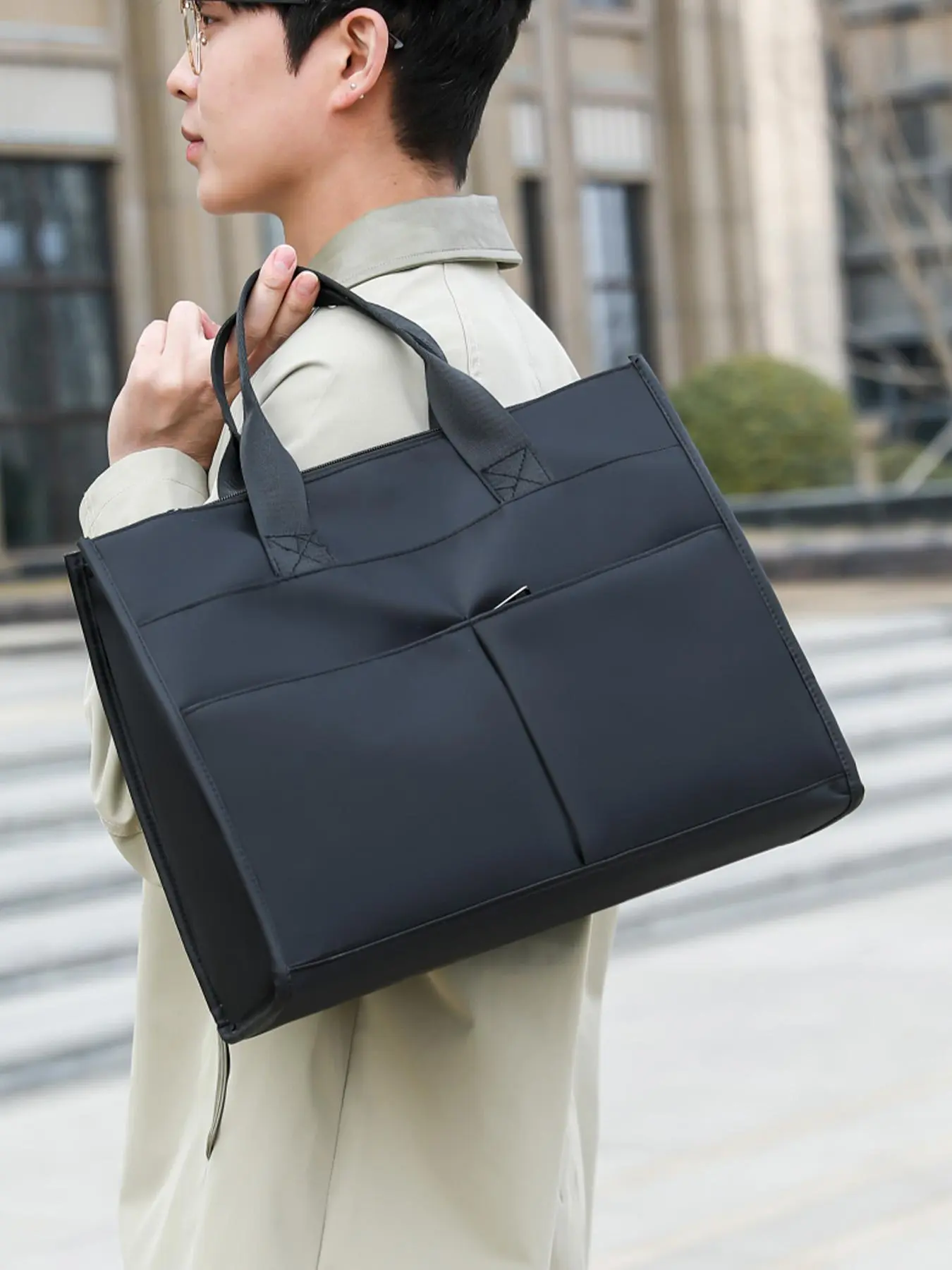 Men's Business Solid Color Tote Bag, Fashionable Simple Design Large Capacity Shoulder Bag for Work & School, Casual Trendy Versatile High-quality Daily Commuting Bag, Waterproof Bag