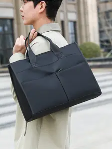 Men's Business Solid Color Tote Bag, Fashionable Simple Design Large Capacity Shoulder Bag for Work & School, Casual Trendy Versatile High-quality Daily Commuting Bag, Waterproof Bag
