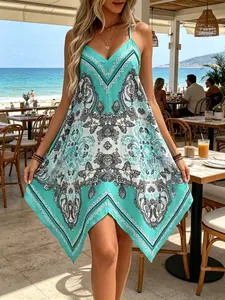 Island Vacation Ethnic V-Neck Halter Dress, Vintage Print Asymmetrical Hem Summer Resort Dress, Perfect for Beach Wear Women's Clothing
