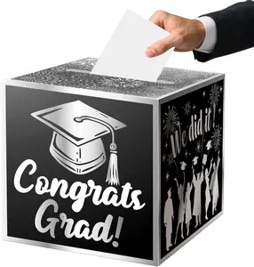 Graduation Card Box Holder, Congrats Grad Foldable Cardboard Decorations Box for Graduation Party Favors Decor Party Supplies (Black )