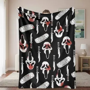 Horror Scream Mask Flannel Blanket - Bloody Knife, Vintage Phone Print, Soft Warm Cozy Throw - Halloween Element, Paranormal Theme, Gothic Pattern, Haunted Aesthetic, Horror Style Blankets for Halloween Parties, Bedroom Decor, Gifting, Halloween Element B
