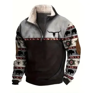 Men's Winter-Ready Bull Head Plush Sweatshirt - Thermal-Lined Long Sleeve Cotton Collar Pullover for Adventurous Explorers, Stay Warm & Brave the Cold
