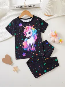Cute Unicorn Print Round Neck Pullover Tee & Starry Sky Elastic Cuff Pants Set, Spring & Fall Casual for Girls, Cute Clothing Set, Baby Girl Clothes