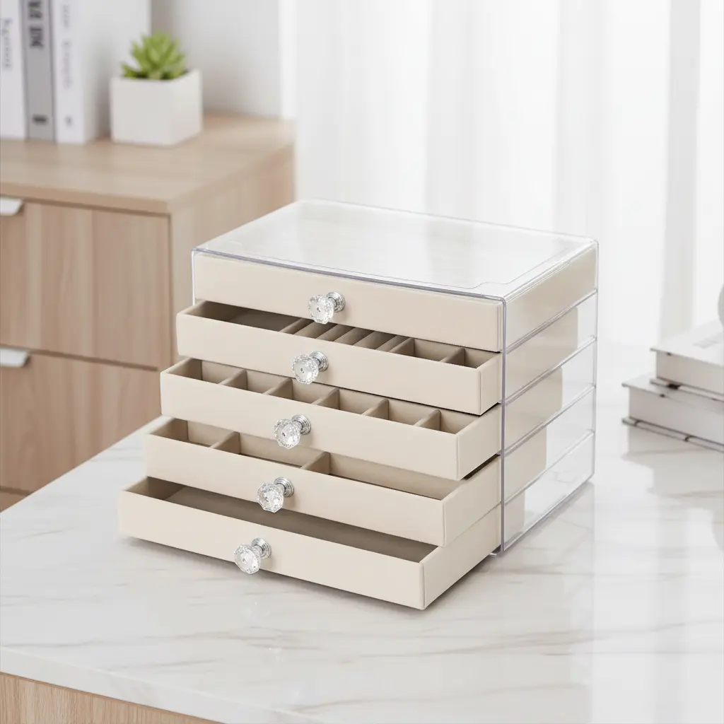 Clear Acrylic Jewelry Organizer with 5 Drawers – Ring, Earrings, Necklace Storage Box, Velvet Lined, Stackable Jewelry Display for Women