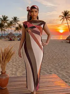 Women's Sexy Casual Boho Soft Striped Long Dress Set, Slim-Fitting Moo Moo Skirt & Scarf, Beach Sun Protection Shawl, All Seasons Fashion