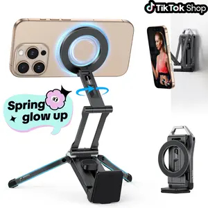 OMOTON KeyChain Tripod for iPhone, Folding Magnetic Phone Mount – Smartphone Mount with 360° Rotating Ring Grip, Selfie Stick Clamp, and Carabiner for Travel, Desk, Airplane, Luggage [Spring glow up]