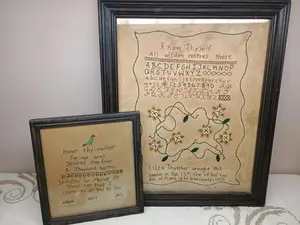 (2) Antique Sampler Cross Stitch Pattern Primitive Framed Reproduction Decor