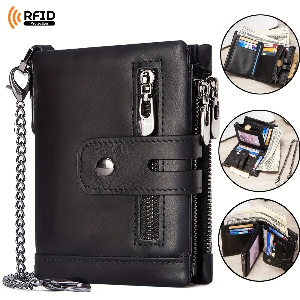 Men's Genuine Leather Durable RFID Protected Bifold Card Wallet - Leather RFID Wallets, Double Zipper Coin Pocket, Anti-Theft Chain, Compact Design, Durable Wallet