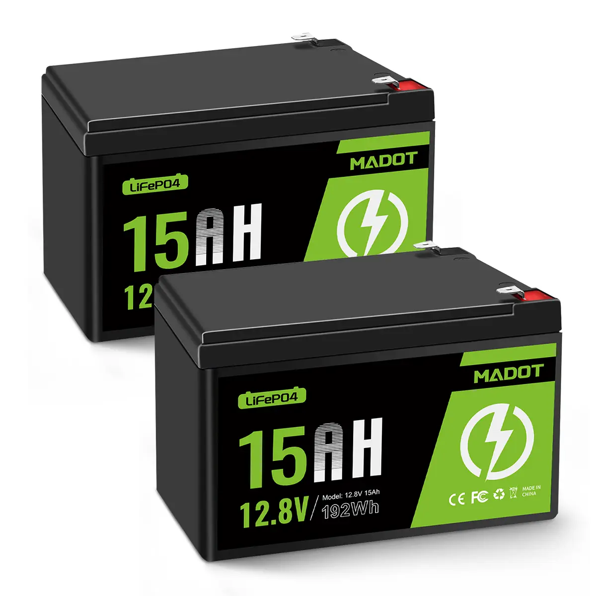 MADOT 2 Pack 12V 15Ah LiFePO4 Deep Cycle Battery, 2000+ Cycles Rechargeable Battery for Scooter, Lighting, Power Wheels, Fish Finder and More with Built-in BMS