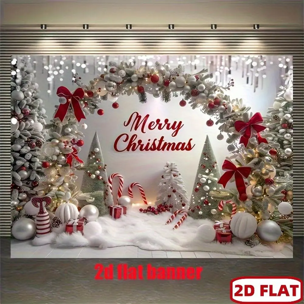 1pc Polyester 2D Flat Christmas Arched Backdrop - Festive Banner Decor with Candy Cane, Silvery Tinsel, White Snowy Pattern, "Merry Christmas" Lettering, Arch Trees, Balloons - Indoor/Outdoor Textile Decor for Living Room, Influencers