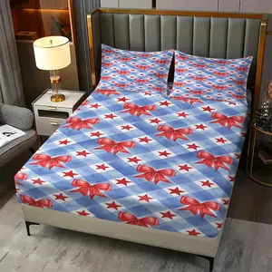 3Pcs Dreamy Blue Gingham Red Bow Fitted Sheet, Romantic Sweet Delicate Coquette Aesthetic Bedding, Elegant Soft Lovely Warm Bedroom Decor, Feminine Princess-Chic Style for Girly Rooms and Dorms No Filler