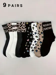 Women's Leopard Heart Pattern Print Mid-Calf Socks Fitted, Fashion Aesthetic Simple Unique Vintage Street Style, Casual Wear, 9 Pairs Pack