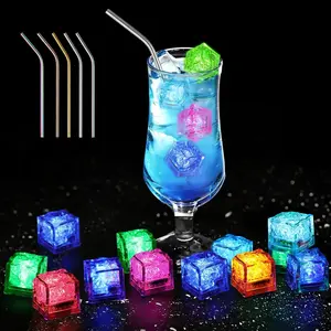 20 Pack Light Up Ice Cubes for Drinks, LED Ice Cube with 5 Pcs Stainless Steel Metal Straws, Water Activated, Change Colors, Food Grade, Flashing for Bar Club Party Wedding Decor