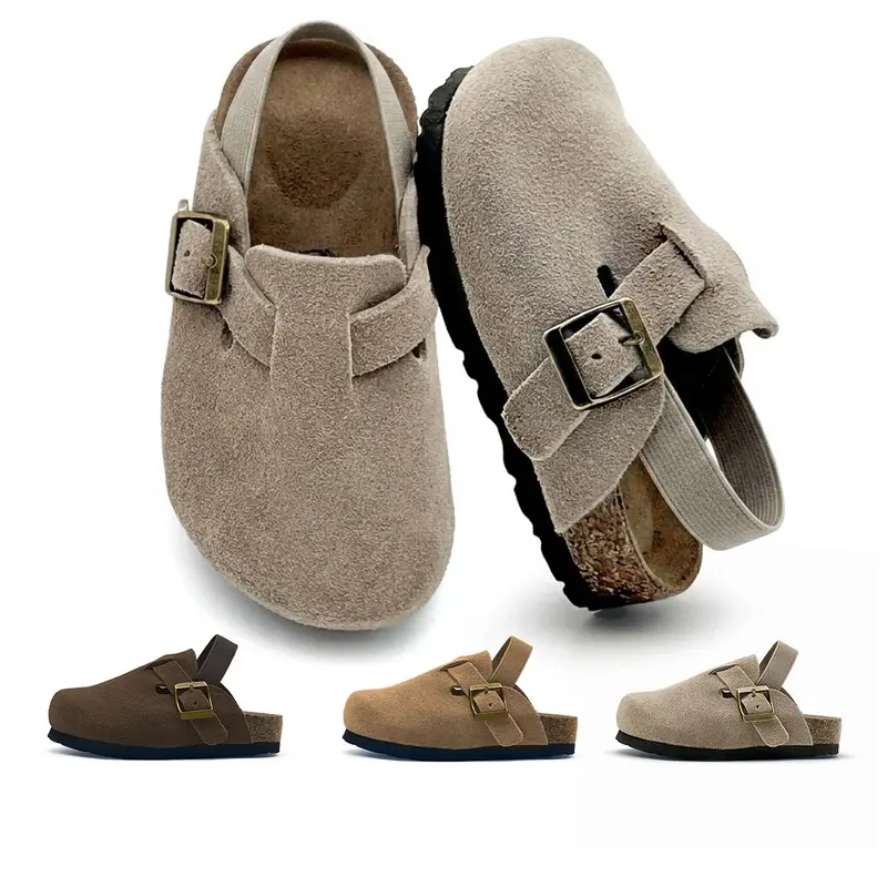 Toddler Kids' Suede Clogs Adjustable Buckle Non-Slip Sandals Soft Cushioned Cork Footbed Indoor Outdoor Home Footwear Round Toe Slippers for Boys Girls