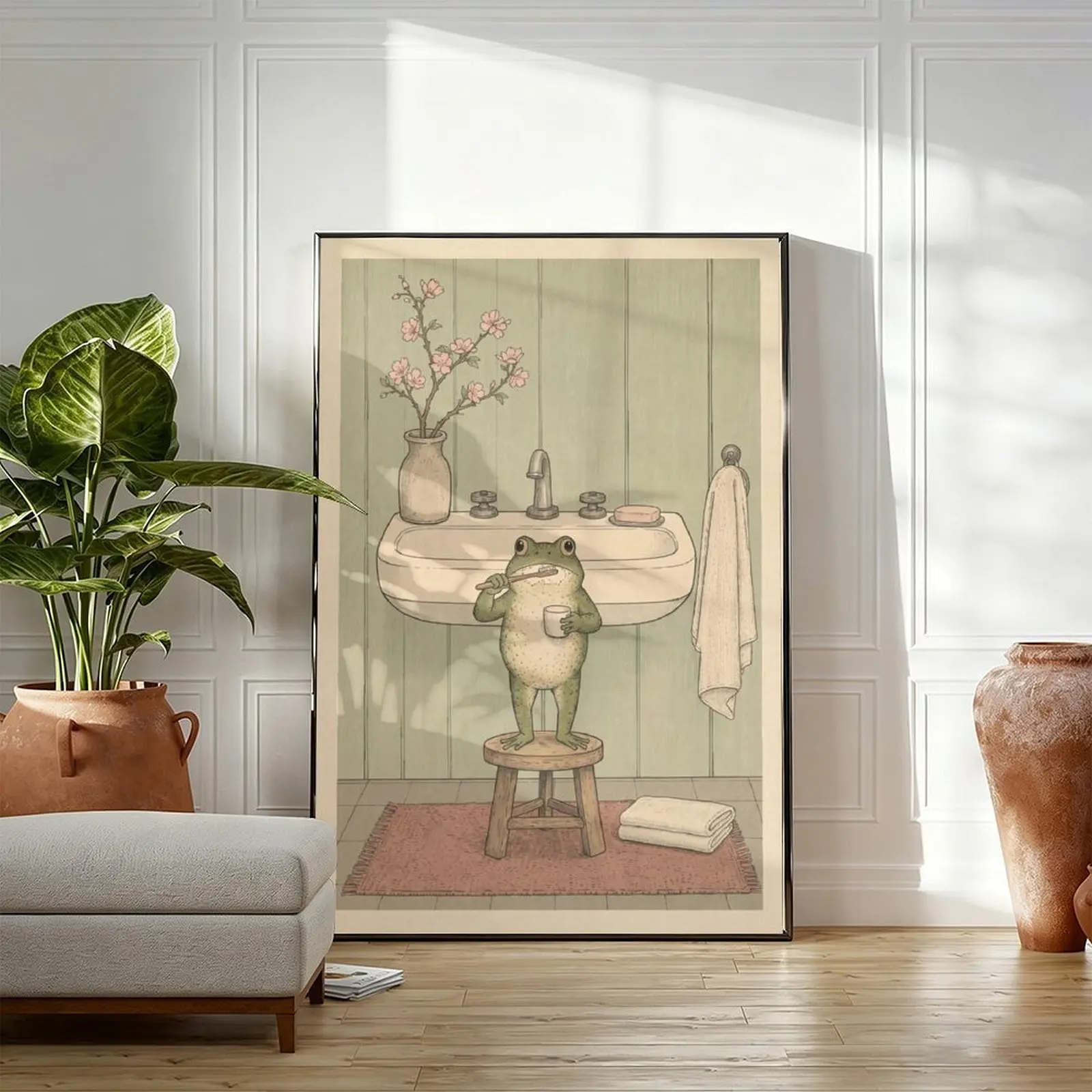 Cute Frog Bathroom Decor Poster - Vintage Cottagecore Wall Art Print