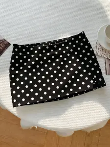 Ladies' Polka Dot Mini Slit Skort: Elastic Stretchy Bodycon Fit Skirt With Inner Shorts, Perfect For Everyday Casual And Street Style Looks