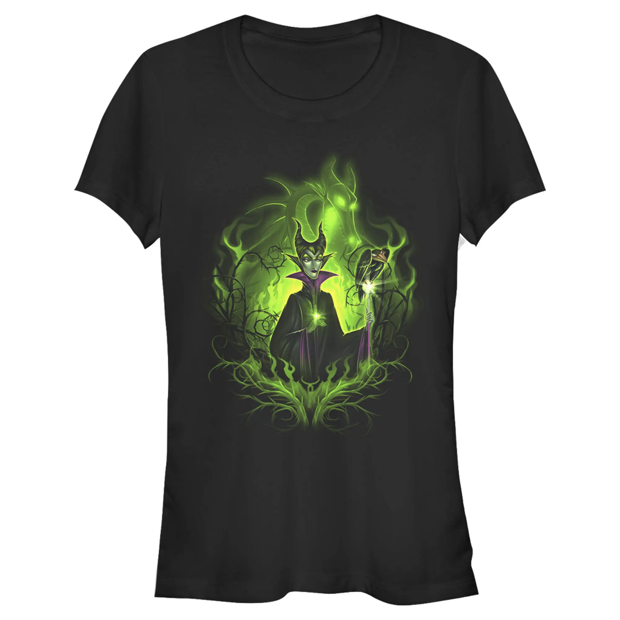 Juniors Womens Sleeping Beauty Dark Detailed Maleficent T-Shirt