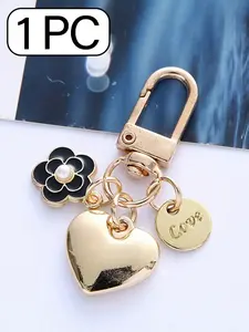 Elegant Camellia Faux Pearl Keychain, Heart Design Flower Pendant, Women's Bag Charm, Valentine's Day Gift, Metal Alloy Accessory, Keychain For Bags