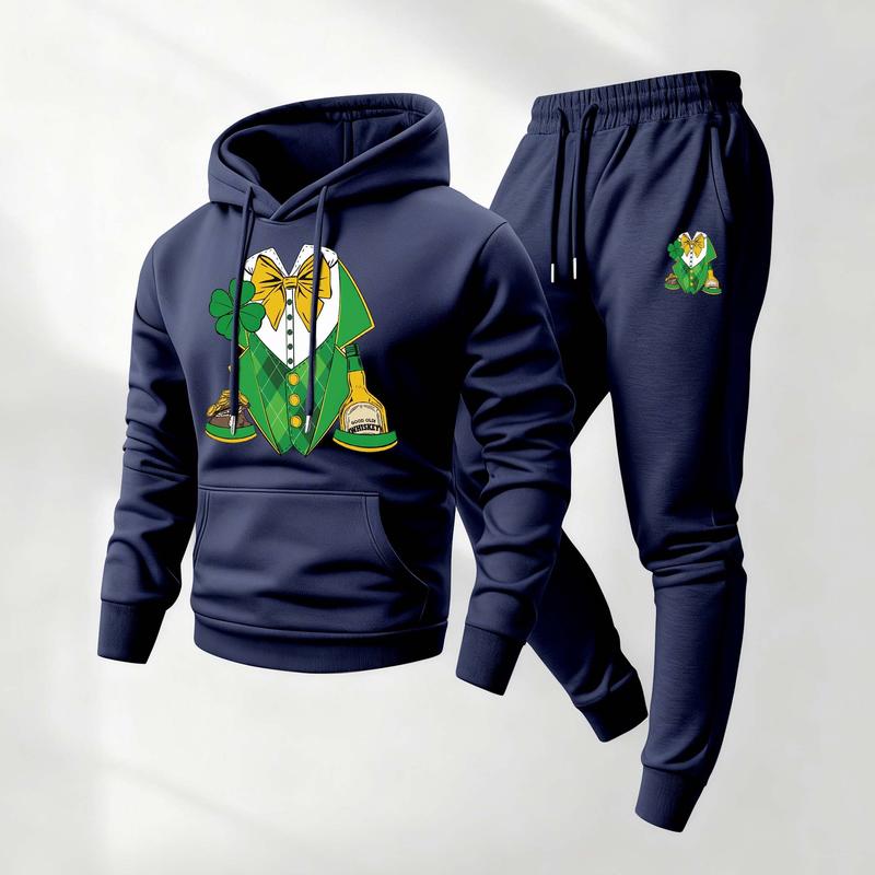 Men's Saint Patrick's Day Print Hoodie and Drawstring Sweatpants Set, Menswear, Casual Athletic Long Sleeve Hooded Jacket & Trousers for Fall & Winter, Men's Clothing for Daily Wear, Sportswear Indoor Outdoor, Tracksuit, Athleisure