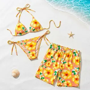 [HOT SUMMER 2026] Yellow Hibiscus Matching Couple Swimwear Set – Coral Tropical Bikini & Men’s Swim Trunks, Summer Beach Vacation Outfit