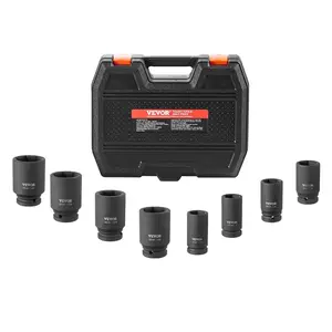 8-Piece CR-MO Steel Heat-Treated Corrosion-Resistant 3/4" Drive Deep 6-Point SAE Spindle Axle Nut Impact Socket Set with Storage Case, for Auto Repair & Axle Removal, 8 Pieces, Deep Socket