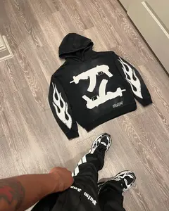 Retro AK-style gun patch, flame sleeve print, and “ODIVIENT” logo streetwear sweatshirt, Y2K avant-garde urban street fashion, hip-hop streetwear #Y2K hoodie #flame print