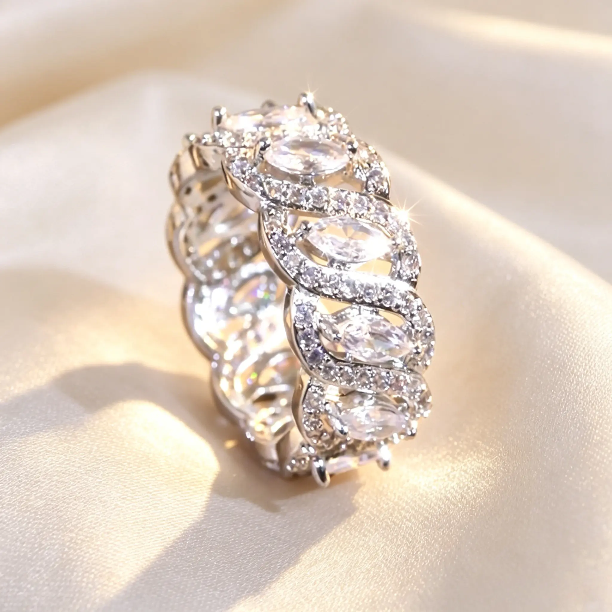 Women's Elegant Marquise Twist Eternity Wedding Band - Copper Plated Silver Cubic Zirconia Ring, Hypoallergenic Diamond Alternative, Versatile for Female Christmas, Birthday, Holidays Gifting
