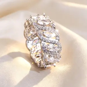 Women's Silvery Plated Marquise Cut Synthetic Zircon Bridal Eternity Ring - Elegant Everyday Engagement Ring for Promise & Daily Wear